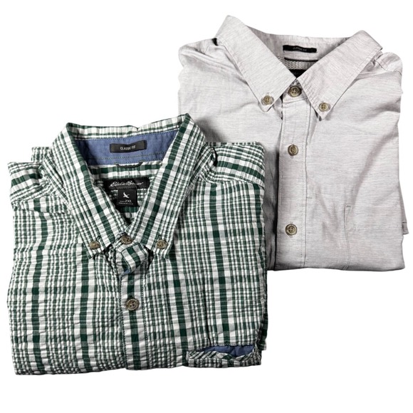 Eddie Bauer Other - Lot of 2 Eddie Bauer Button Down Shirts Men 2XL Green Plaid Gray Good Short Slv